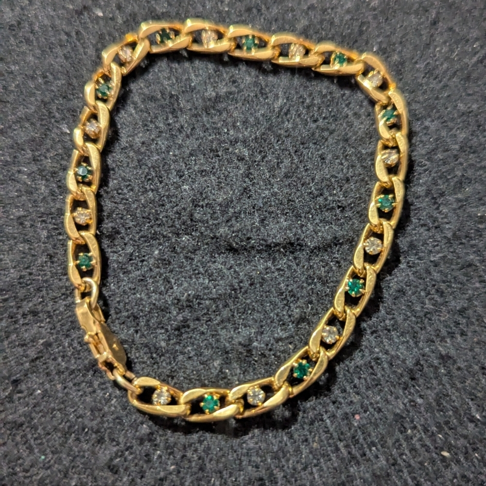 Gold Tone Green And Clear Rhinestone Chain Link Statement Bracelet